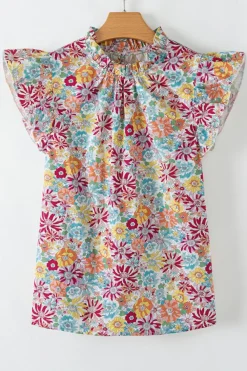 Sale Dear-Lover Floral Pleated Detail Flutter Sleeve Blouse Multicolour