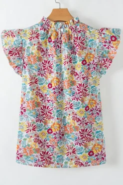 Sale Dear-Lover Floral Pleated Detail Flutter Sleeve Blouse Multicolour