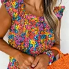 Sale Dear-Lover Floral Print Cap Sleeve Square Neck Back Knot Blouse Multicolour