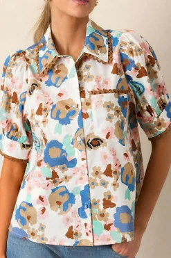 Outlet Dear-Lover Floral Print Ricrac Trim Collared Puff Short Sleeve Shirt Multicolour