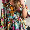 Hot Dear-Lover Floral Print Bubble Sleeve V Neck Ruffled Blouse Multicolour