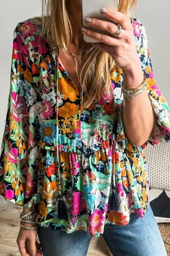 Hot Dear-Lover Floral Print Bubble Sleeve V Neck Ruffled Blouse Multicolour