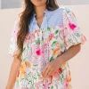 Online Dear-Lover Floral Print Striped Yoke Frilled V Neck Puff Short Sleeve Blouse Multicolour