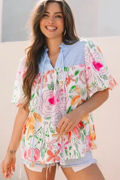 Online Dear-Lover Floral Print Striped Yoke Frilled V Neck Puff Short Sleeve Blouse Multicolour