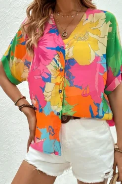 Discount Dear-Lover Floral Print Folded Short Sleeve Shirt Multicolour