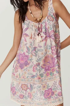 Best Dear-Lover Floral Print Fringed Tie U Neck Sleeveless Mini Dress Multicolour