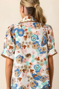 Outlet Dear-Lover Floral Print Ricrac Trim Collared Puff Short Sleeve Shirt Multicolour