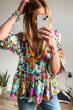 Hot Dear-Lover Floral Print Bubble Sleeve V Neck Ruffled Blouse Multicolour