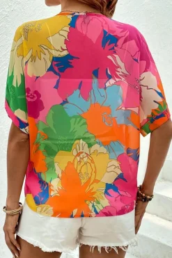 Discount Dear-Lover Floral Print Folded Short Sleeve Shirt Multicolour