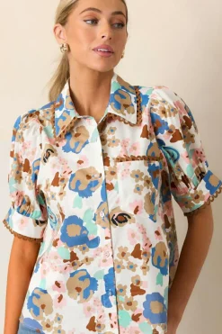 Outlet Dear-Lover Floral Print Ricrac Trim Collared Puff Short Sleeve Shirt Multicolour