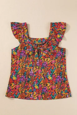 Sale Dear-Lover Floral Print Cap Sleeve Square Neck Back Knot Blouse Multicolour