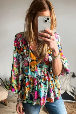 Hot Dear-Lover Floral Print Bubble Sleeve V Neck Ruffled Blouse Multicolour