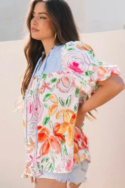 Online Dear-Lover Floral Print Striped Yoke Frilled V Neck Puff Short Sleeve Blouse Multicolour