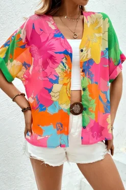 Discount Dear-Lover Floral Print Folded Short Sleeve Shirt Multicolour