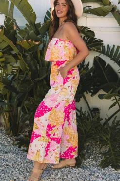 Best Dear-Lover Floral Print Ruffled High Waist Tube Top Loose Jumpsuit Multicolour