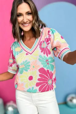 Hot Dear-Lover Floral Print V Neck Short Sleeve Sweater Multicolour