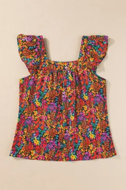Sale Dear-Lover Floral Print Cap Sleeve Square Neck Back Knot Blouse Multicolour