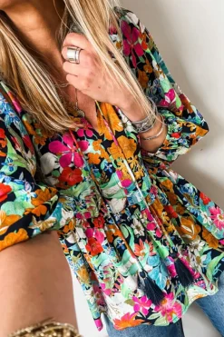 Hot Dear-Lover Floral Print Bubble Sleeve V Neck Ruffled Blouse Multicolour