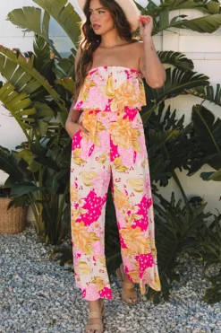 Best Dear-Lover Floral Print Ruffled High Waist Tube Top Loose Jumpsuit Multicolour
