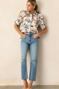 Outlet Dear-Lover Floral Print Ricrac Trim Collared Puff Short Sleeve Shirt Multicolour