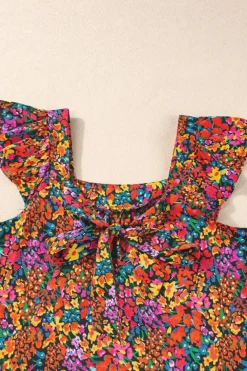 Sale Dear-Lover Floral Print Cap Sleeve Square Neck Back Knot Blouse Multicolour