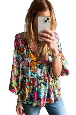 Hot Dear-Lover Floral Print Bubble Sleeve V Neck Ruffled Blouse Multicolour
