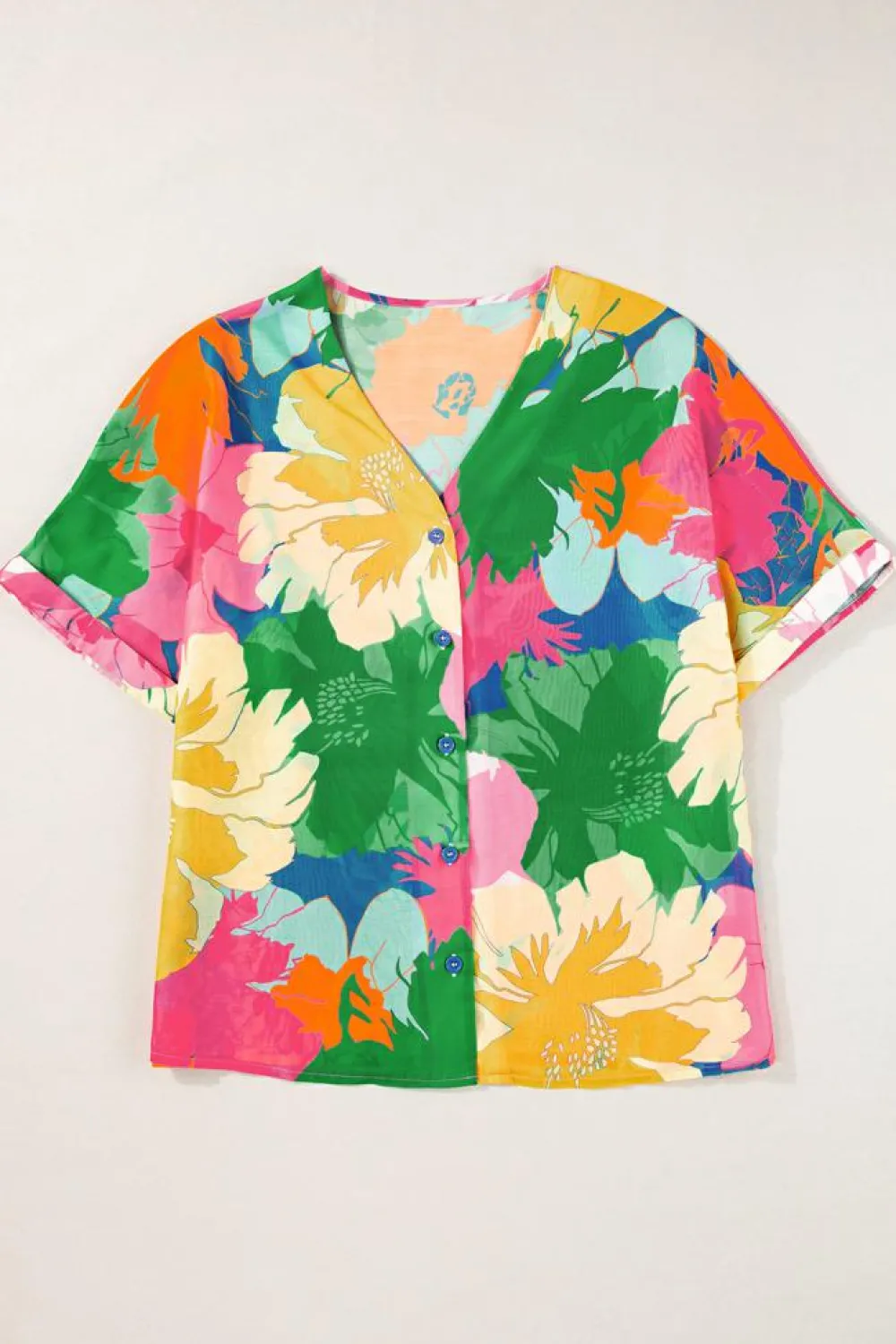 Discount Dear-Lover Floral Print Folded Short Sleeve Shirt Multicolour