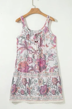 Best Dear-Lover Floral Print Fringed Tie U Neck Sleeveless Mini Dress Multicolour