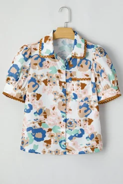 Outlet Dear-Lover Floral Print Ricrac Trim Collared Puff Short Sleeve Shirt Multicolour