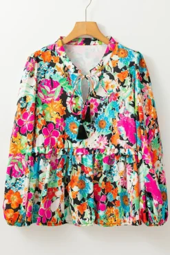 Hot Dear-Lover Floral Print Bubble Sleeve V Neck Ruffled Blouse Multicolour