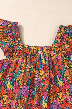 Sale Dear-Lover Floral Print Cap Sleeve Square Neck Back Knot Blouse Multicolour