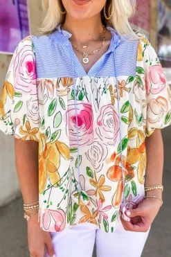 Online Dear-Lover Floral Print Striped Yoke Frilled V Neck Puff Short Sleeve Blouse Multicolour