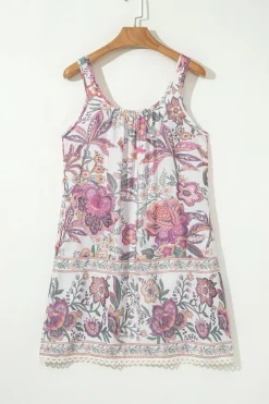 Best Dear-Lover Floral Print Fringed Tie U Neck Sleeveless Mini Dress Multicolour