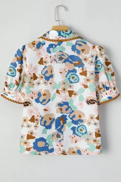 Outlet Dear-Lover Floral Print Ricrac Trim Collared Puff Short Sleeve Shirt Multicolour