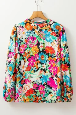 Hot Dear-Lover Floral Print Bubble Sleeve V Neck Ruffled Blouse Multicolour