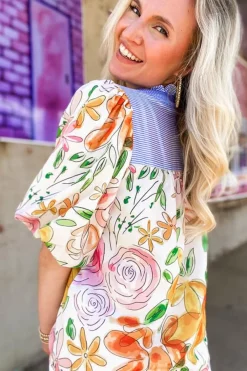 Online Dear-Lover Floral Print Striped Yoke Frilled V Neck Puff Short Sleeve Blouse Multicolour
