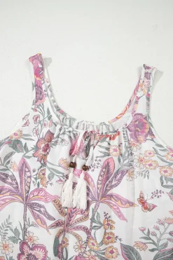 Best Dear-Lover Floral Print Fringed Tie U Neck Sleeveless Mini Dress Multicolour