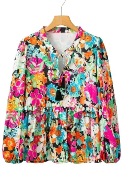 Hot Dear-Lover Floral Print Bubble Sleeve V Neck Ruffled Blouse Multicolour