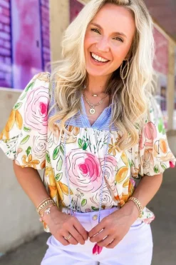 Online Dear-Lover Floral Print Striped Yoke Frilled V Neck Puff Short Sleeve Blouse Multicolour