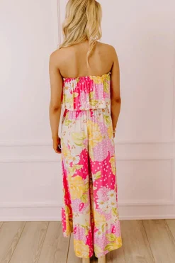 Best Dear-Lover Floral Print Ruffled High Waist Tube Top Loose Jumpsuit Multicolour