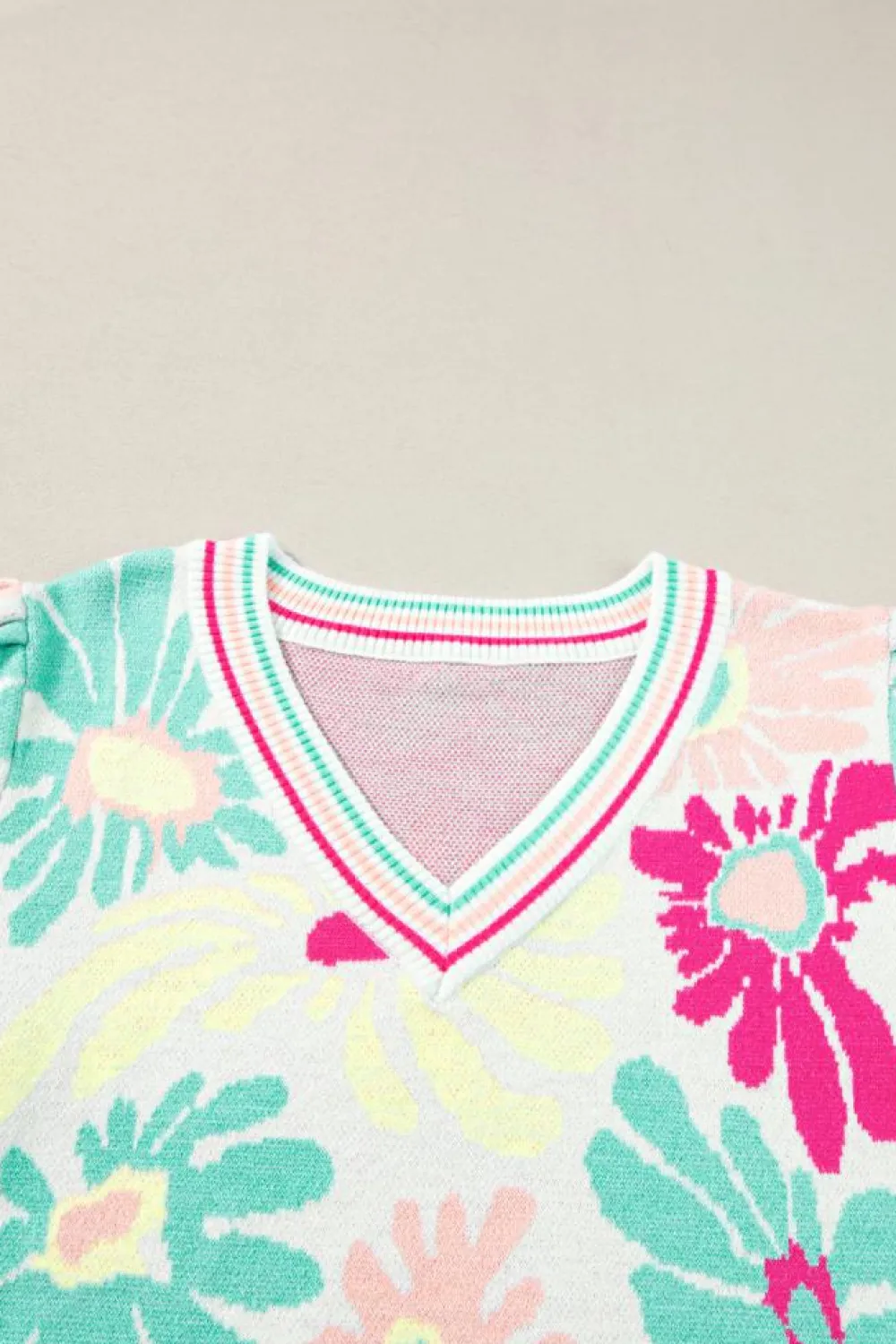 Hot Dear-Lover Floral Print V Neck Short Sleeve Sweater Multicolour
