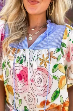Online Dear-Lover Floral Print Striped Yoke Frilled V Neck Puff Short Sleeve Blouse Multicolour