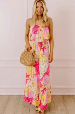 Best Dear-Lover Floral Print Ruffled High Waist Tube Top Loose Jumpsuit Multicolour