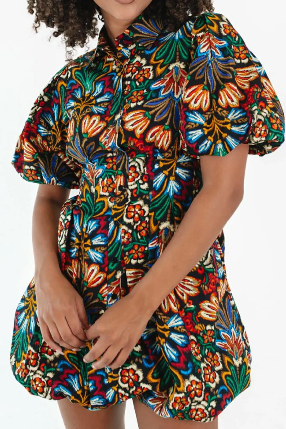 Sale Dear-Lover Floral Puff Short Sleeve Shirt Mini Dress Multicolour