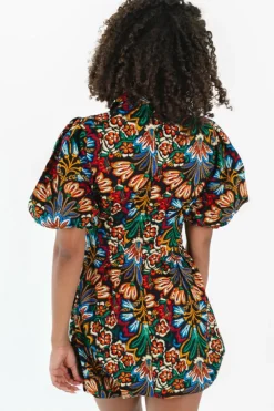 Sale Dear-Lover Floral Puff Short Sleeve Shirt Mini Dress Multicolour