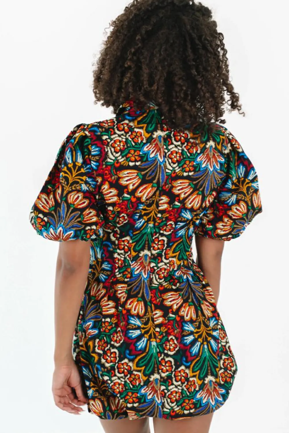 Sale Dear-Lover Floral Puff Short Sleeve Shirt Mini Dress Multicolour