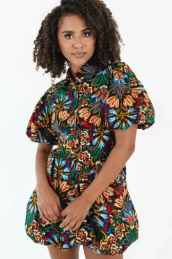 Sale Dear-Lover Floral Puff Short Sleeve Shirt Mini Dress Multicolour