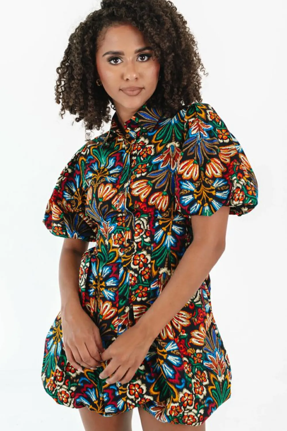 Sale Dear-Lover Floral Puff Short Sleeve Shirt Mini Dress Multicolour