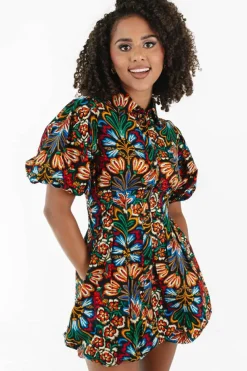 Sale Dear-Lover Floral Puff Short Sleeve Shirt Mini Dress Multicolour