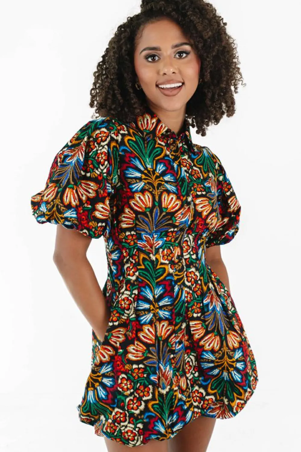 Sale Dear-Lover Floral Puff Short Sleeve Shirt Mini Dress Multicolour